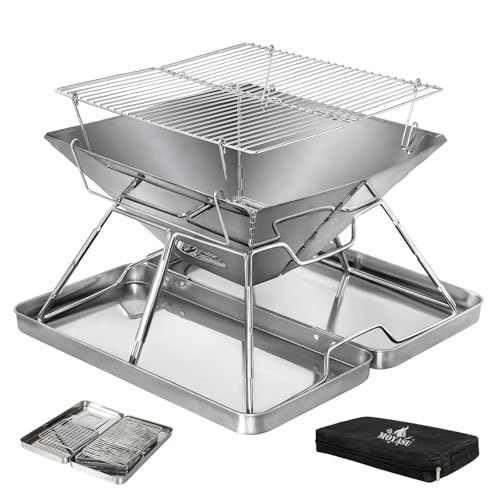 Moyasu Folding Charcoal BBQ Grill, 2-IN-1 Portable Camping Barbecue Grill Fire Pit, Stainless Steel Foldable Collapsible BBQ Grill Wood Burning Charcoal with Carrying Bag(38.5cm x 26.5cm x 39.5cm)