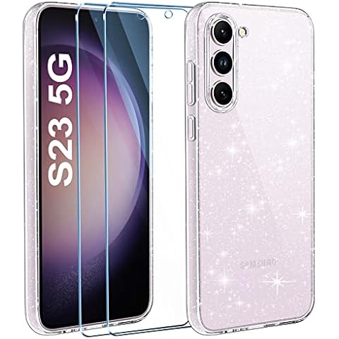 AROYI Clear Glitter Case Compatible with Samsung Galaxy S23 5G Case with 2 Pack Tempered Glass Screen Protector, Soft Bumper Anti-Scratch Transparent Sparkle Cover Samsung Galaxy S23 5G Cover