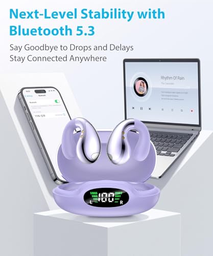 Image of Boytond Ultra Open Ear Earbuds - Ergonomic Clip-On Earbuds, Bone Conduction Over-The-Ear Headphones with Waterproof Design and Secure Fit for Small Ears, Crystal Purple