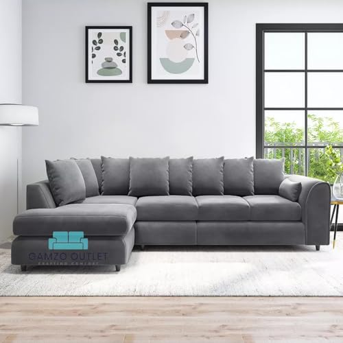 Gamzo Outlet Unique Design XL Left Hand Corner Durable Scattered Back Sofa Plush Velvet Relaxing Indoor Home Furniture with Ultra-soft Cushions for Spacious & Fashionable Living Room (Dark Grey)