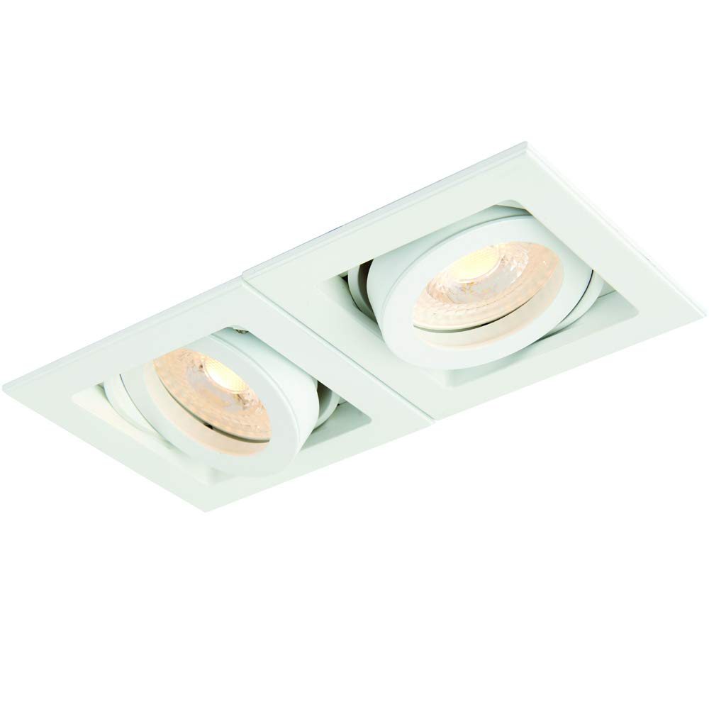Double/Twin Square Adjustable Head Ceiling Spotlight –White– GU10 50W Max – Recessed/Flush Modern Tilting Dimmable Box Downlight/Down Lighter – Kitchen Office Corridor Spot Lamp
