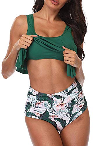 Image of Women High Waisted Bikini Swimsuit Flounce Vintage 2 Piece Bathing Suits | Vintage,tummy control,two piece bathing suits,plus size,swimwear,ruffled,tankini top,bikini bottom