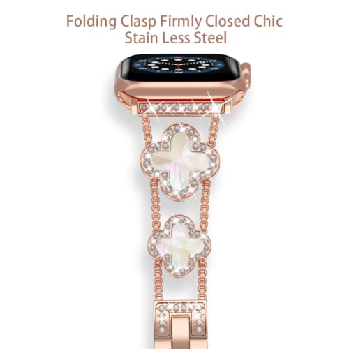 Image of Musk-MSKR Diamond Metal Bands Add Sparkle to Your Watch For Apple Watch Series 11 /10 /9 /8 /7 /6 /5 /4 /3 /2 /SE /Ultra Clover Simple and Stylish Compatible with 38mm40mm41mm42mm44mm45mm 46mm49mm Women's Wear