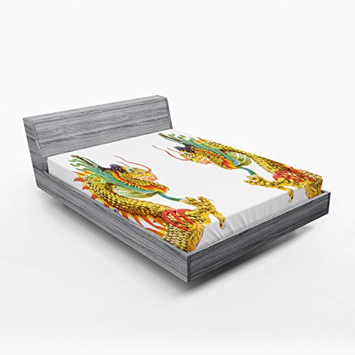 Ambesonne Dragon Fitted Sheet, Chinese Style Dragon Power Oriental Culture Theme, Bed Cover with All-Round Elastic Deep Pocket for Comfort, Queen Size, Green Mustard