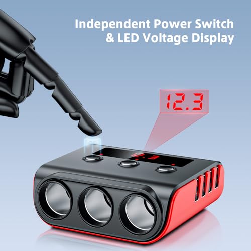 Image of 7 in 1 Cigarette Lighter Splitter, SONRU 3 Sockets Cigarette Lighter Splitter with 4 Fast Charging USB Ports, 120W 12V /24V DC Independent Power Switches & LED Voltage Display for All Car Devices