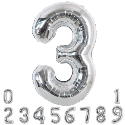 Image of TONIFUL 40 Inch Silver Number 3 Balloon Large Foil 3rd Birthday Decorations | Silver 3 Balloon Number Three for 3rd 13th 30th Birthday 3 Year Anniversary, Silver Birthday Decor for Men Women Boys Girls