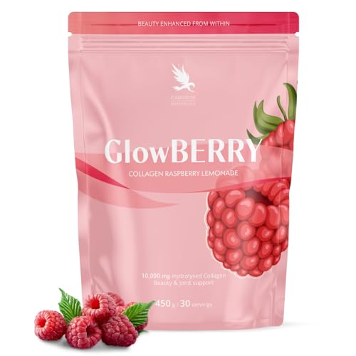 Carnium Botanicals GlowBERRY – Colágeno en polvo con vitamina C, zinc y ácido hialurónico – Sabor frambuesa – Colágeno bebible para piel, cabello y uñas – 450 g