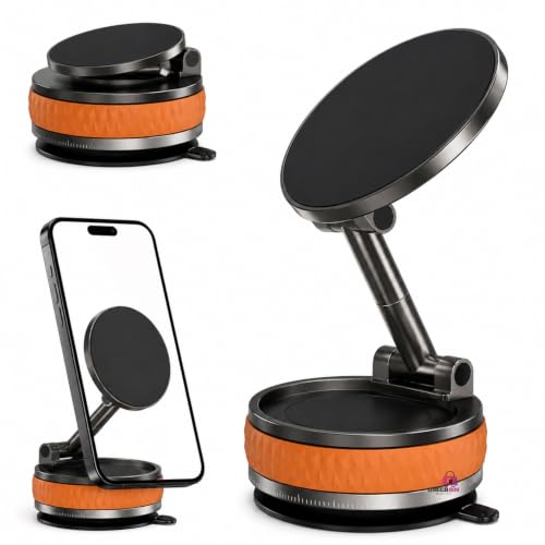 Image of (1 Year Warranty) Foldable Magnetic Phone Stand Holder, 360 Rotating Desktop Mobile Stand, Adjustable Height & Viewing Angle, Strong Full-Circle Magnetic Mount, Portable for All Smartphones - Orange