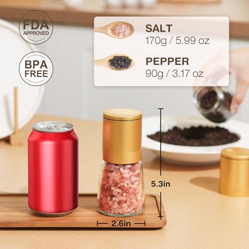 Image of Marve Stainless Steel Salt and Pepper Grinder with Adjustable Coarseness with 5 Grinding Level Black Pepper Mill Grinder Shaker Stainless Steel Lid Adjustable Coarseness (Golden)