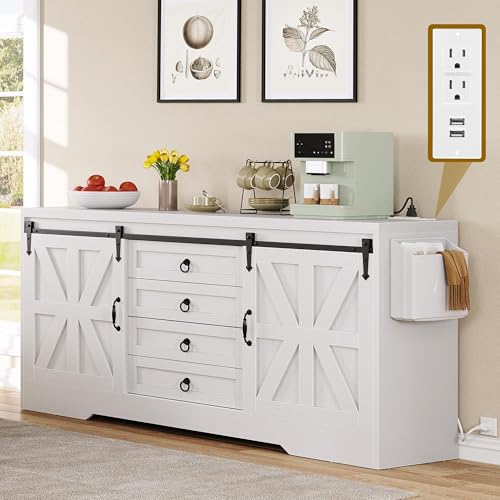 YITAHOME 60" Farmhouse Large Buffet Sideboard, Buffet Cabinet with 2 Barn Doors and 4 Drawers, High Buffet Table Coffee Bar Storage Cabinet Wine Bar for Dining Room, Living Room, 32" in Heig