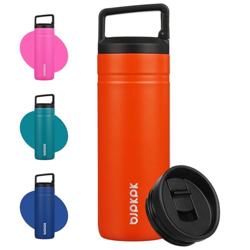 Image of BJPKPK 20 oz Insulated Travel Water Bottle, Coffee Tumbler Stainless Steel | Double Wall Vacuum, Leakproof, Thermal, Keeps Hot /Cold, BPA Free, Dishwasher Safe, Spill Proof, Wide Mouth, 2 Lids, Orange