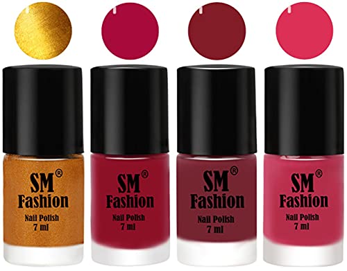 Image of Nail Polish Combo Set (Pack of 4) Quick Dry Gel Finish Nail Paint | Golden,Raspberry,Lip,Dusty Pink | 7 ml Each