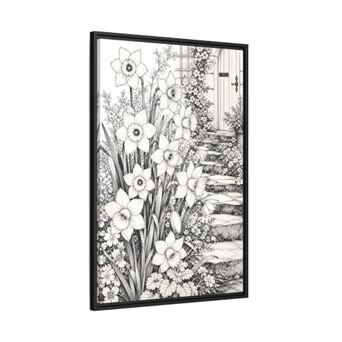 Toile florale de jonquilles noir et blanc avec cadre de 60x90 cm pour salon