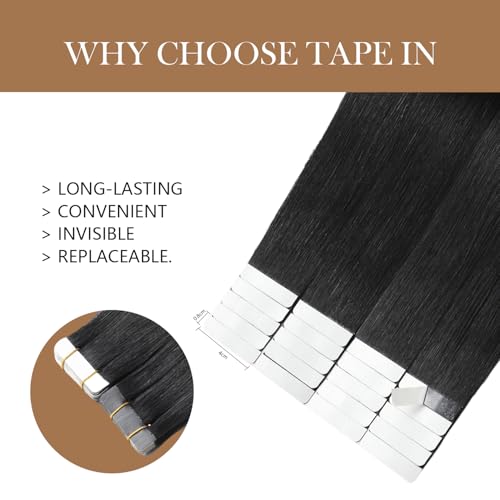 Image of Tape In Hair Extensions Human Hair 24 Inch #1 Jet Black