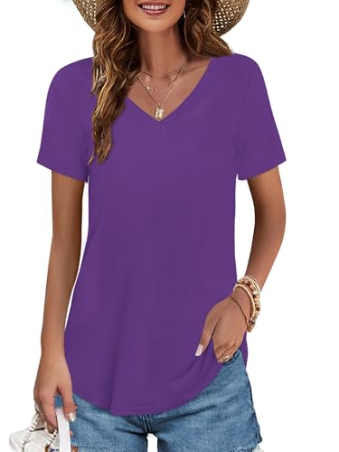 Image of Elesomo Womens T Shirts V Neck Summer Short /Long Sleeve Cotton Tops Tees