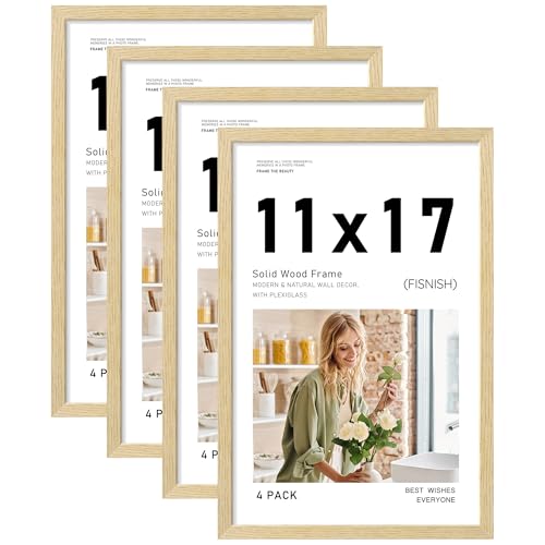 Image of 11x17 Picture Frame Set of 4, Natural Solid Wood Picture Frames, Display 11x17 Photos without Mat, Horizontal or Vertical Wall Mounting Poster Frame, Oak Wood Grain