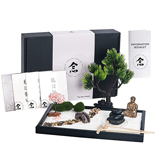 Zen Garden for Desk, Positive Affirmations Cards, Bonsai Tree, Buddha Statue and Zen Garden Accessories - Home and Office Meditation Decor - Zen Gifts