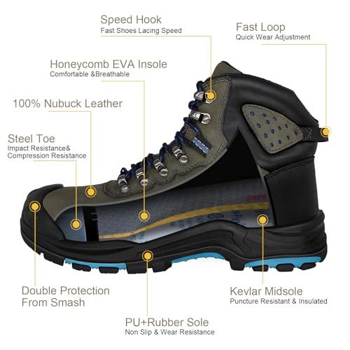 Image of Steel Toe Boots for Men, Mens Work Boots Steel Toe 100% Nubuck Leather Construction Safety Boots