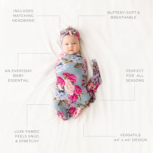 Image of Posh Peanut Swaddle Blanket & Headband Set - Viscose from Bamboo Stretchy Baby Swaddle for Newborn Girls, Receiving Blanket or Nursing Cover (Lacey)