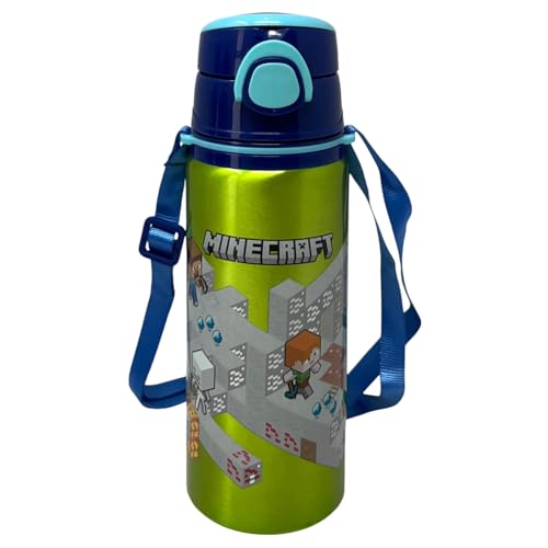 Trinkflasche aus Aluminium mit Strohhalm Minecraft 730 ml selbstöffnende Flasche für Kinder mit Tragegurt