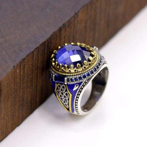 Turkish Jewelry Men's Ring With Blue Glass Stone 925 Sterling Silver Vintage King Crown CZ Enamel Ring Ladies and Men's Gifts4