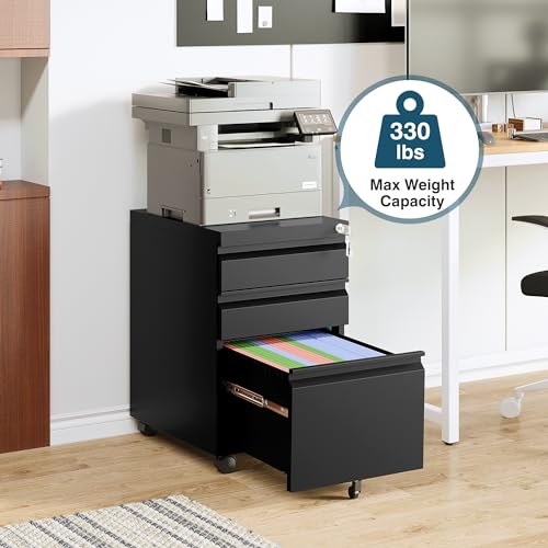 Image of MIIIKO 3 Drawer File Cabinet on Wheels, Home Office Mobile File Cabinet Under Desk, Full Assembled Metal Filing Cabinets with Lock for Legal /Letter /A4 File Folders