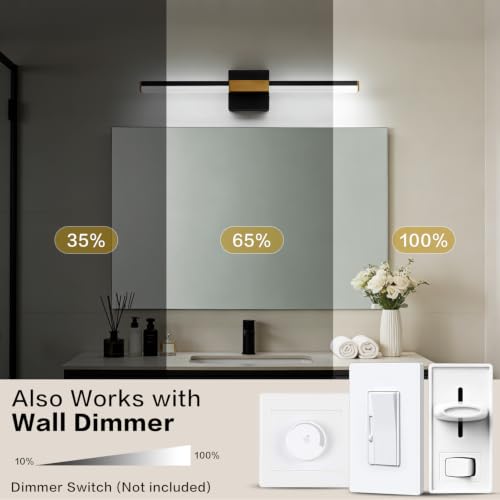 Image of SOLFART Vanity Lights for Bathroom Dimmable: Black and Gold 24-Inch Built-in Step Dimming Bathroom Light Fixtures Over Mirror ETL IP44