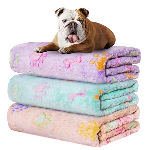 Image of Rezutan Dog Blankets for 3 Pack Medium Blanket Cat Soft Fuzzy Blankets Washable,Soft Comfort Flannel,Pet Blanket,Reversible Dog Paw Print,30 x 20 inch,Purple /Green /Brown