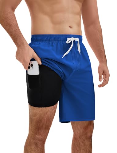 YnimioAOX Men’s Swim Trunks with Compression Liner 9 Inch Bathing Suits 2 in 1 Quick Dry Board Shorts with Pockets