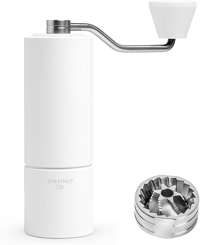 Image of Chestnut C3S Manual Coffee Grinder, Stainless Steel S2C Conical Burr, Adjustable Settings, 20-25g Capacity, White