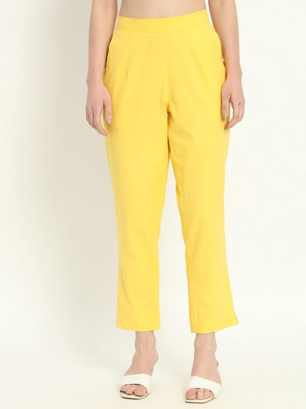 Image of Women's Solid Straight Fit 100% Cotton Trousers | High Waist, Side Pockets, Ankle Length Pants for Office, Casual