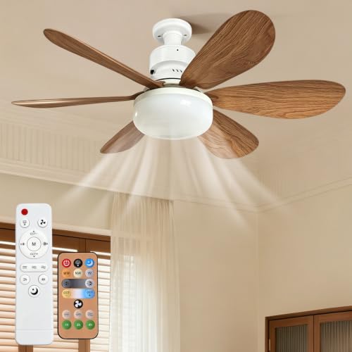 Image of KEAGAN Ceiling Fans with Lights and Remote Control 40W Light Dimmable Ceiling Fan with 6 Blades Quiet DC Motor 3 Speeds 3 Colors Led Fan Lights for Bedroom Living Room Wood Grain
