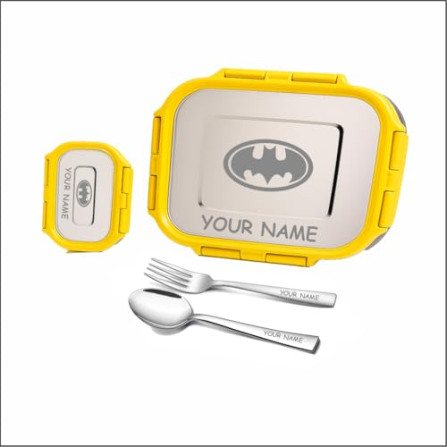 Image of Personalized Tiffin | Customized Lunch Box with Lids | Personalized Stainless Steel Tiffin Box | Your Child's Name and Favourite Character Engraved | for School Students (Yellow)