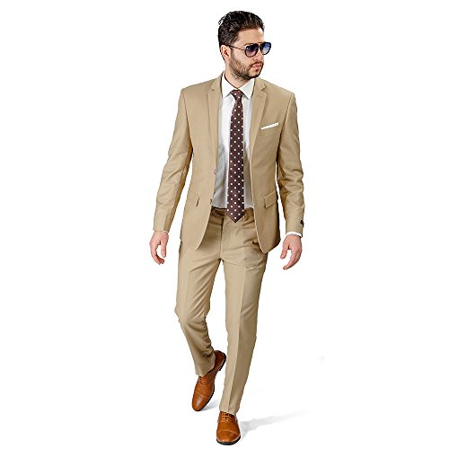 Slim Fit Men Suit Tan Beige 2 Button Notch Lapel Azar 4030-10 (38 Short 32 Waist 30 Length, Beige Tan No Vest 2 Piece) #TOP4