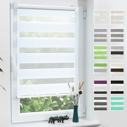 Grandekor Doppelrollo Klemmfix ohne Bohren 40x130 cm (Stoffbreite 40 cm) | Weiß Fenster Rollos für innen Klemmrollos Duo Rollo Sichtschutz Hitzeschutz feuchtbeständig für Wohnzimme