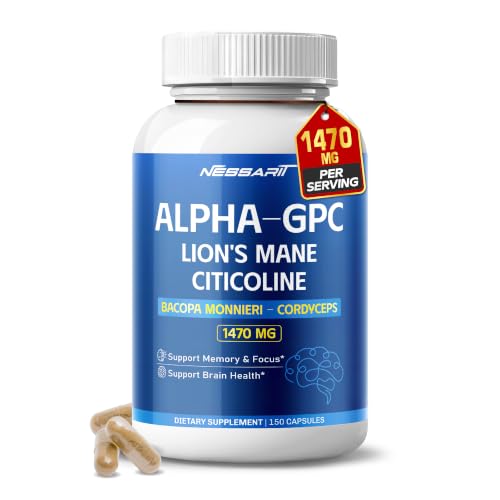 Nessarit Alpha-GPC Complex 1470mg with Lion's Mane & Bacopa - 150 Capsules for Memory, Focus & Brain Wellness