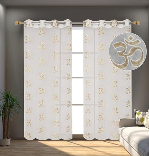 Image of KALIYO Sheer Net Curtains with Om Embroidery | Transparent Window Curtain for Living Room, Bedroom & Pooja Room | Ring Eyelet Curtain Panel | 1 Curtain | 8ft