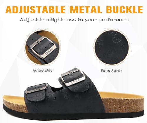Image of ONCAI Womens Flat Slide Sandals with Arch Support 2 Strap Adjustable Buckle Slip on Slides Shoes Non Slip Rubber Sole