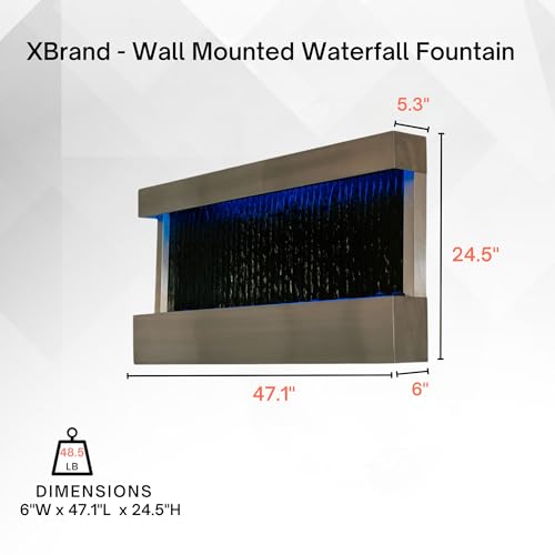 Image of 47 inches Indoor Wall-Mounted Waterfall Mirror Fountain - LED Lighted Silver Metal Decor with Rock Base by XBrand