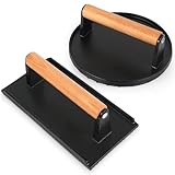 JENNY FRIDA Heavy Duty Cast Iron Burger Press - 7' Round Burger Press & 8.27”X4.13” Rectangle Grill & Bacon Press - Non-Stick Burger Smasher with Wood Handle for Flat Top Grill, BBQ, Stovetop