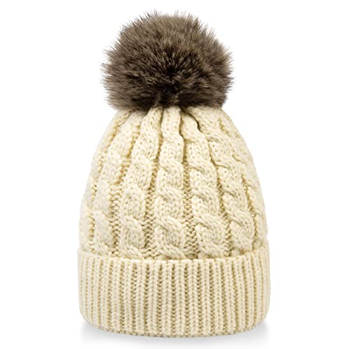 Simplicity Womens Winter Beanies Hand Knit Faux Fur Pompoms Beanie Hats, Beige