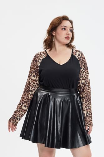 Image of TIYOMI Plus Size Tops for Women Raglan Long Sleeve V Neck T Shirts Casual Color Block Leopard /Floral Tops Winter Tee Shirt