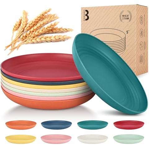 Badiano Unbreakable 9-Inch Deep Dinner Plates Set of 8, Wheat Straw Plastic Dinnerware, Dishwasher Safe Kitchen Plates for Daily Use (COLOR) Cover