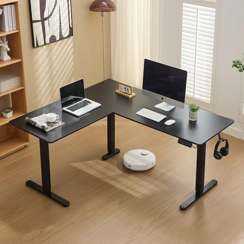 Cozeeny L Shaped Electric Standing Desk, Height Adjustable Corner Standing Desk with 3 Memory Presets, Ergonomic Sit Stand Desk with Splice Board for Home Office,Black