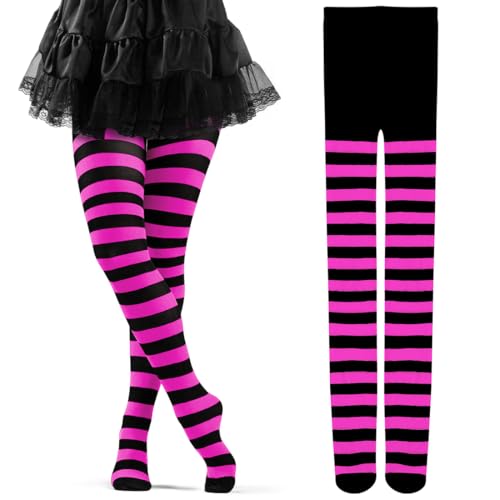 Cadimus Gestreifte Strumpfhose Damen,Rringel Leggings,Blickdichte Ringel Strümpfhose,Striped Tights,Perfekt für Cosplay, Kostümzubehör und Accessoires– Schwarz Rosa