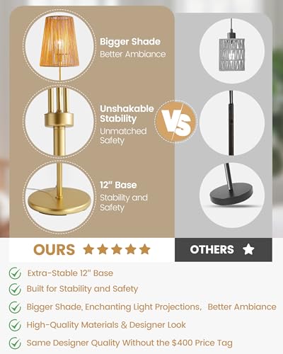 Image of Boho Floor Lamp, 68in. Rattan floor lamp with Natural Woven Shade, Rustic Standing Lamp for Coastal, Beach or Bohemian Style Decor, E26 Socket, On /Off Footswitch Lamp for Living room, Bedroom (Gold)