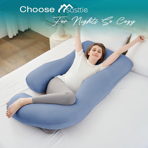 Image of Sasttie Cooling Pregnancy Pillows for Sleeping, 57'' Full Body Pillow, Blue | Sasttie Maternity Pillow, OEKO-TEX, Down Alternative, Removable Cover, Pregnant Women Must Haves, Maternity Essential