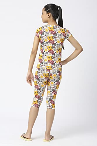 Image of SINI MINI Round Neck with Half Sleeve Top & Capri Beige Girls Casual Pack of 1 Night Suit Set