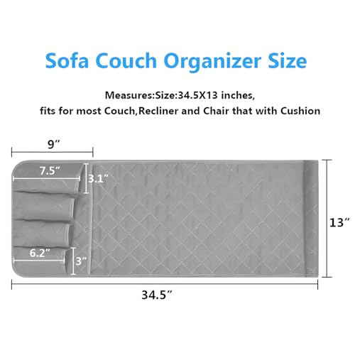 Sofa Armrest Organizer Non-Slip Arm Chair Bedside Caddy Storage Organizer for Recliner Couch with 5 Pockets for Cell Phone TV Remote Control Magazines (Grey)