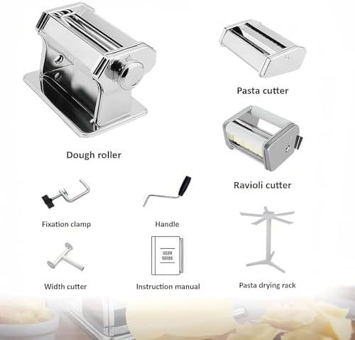Bild 1 - Pasta Maker machine, Set mit 6 Stück 150 mm Stahl Nudelmaschine mit 9 einstellbaren Dickeneinstellungen, inklusive Ravioli Maker Aufsatz, Nudeltrockner